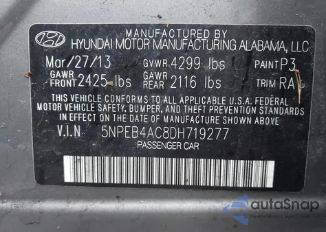 2013 Hyundai Sonata Gls z USA, uszkodzony, nr VIN 5NPEB4AC8DH719277